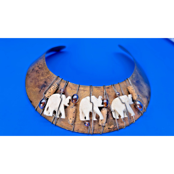 Vintage Tribal Elephant Collar Necklace Bone Brass Boho Ethnic Statement - Picture 10 of 12
